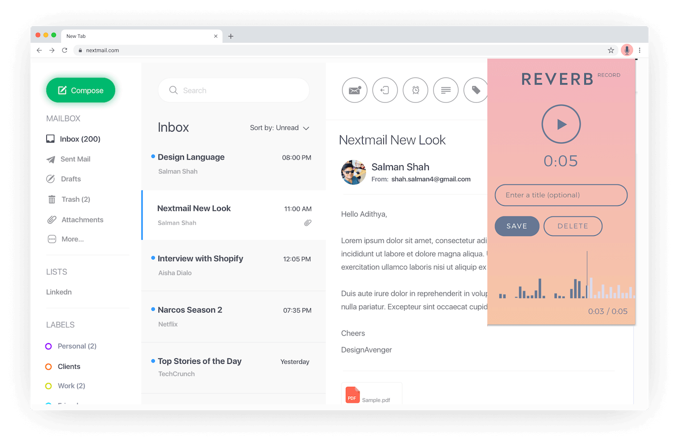 RECAudio Record being used to add a voice recording to an email.